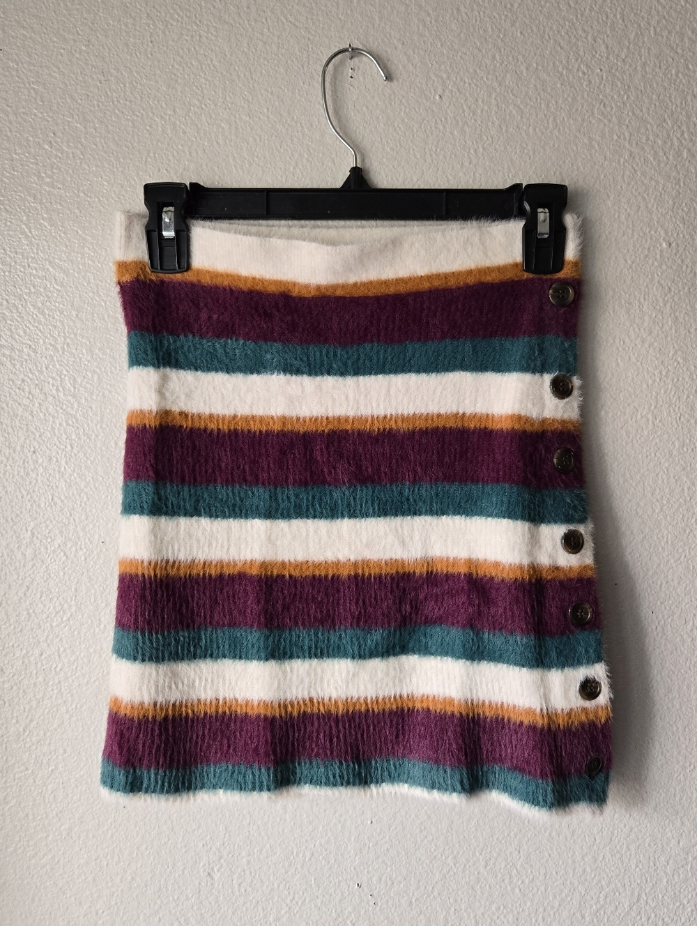 Free People Ciara Fig Jam in Cream, Teal & Plum Fuzzy Sweater Knit Mini Skirt XS